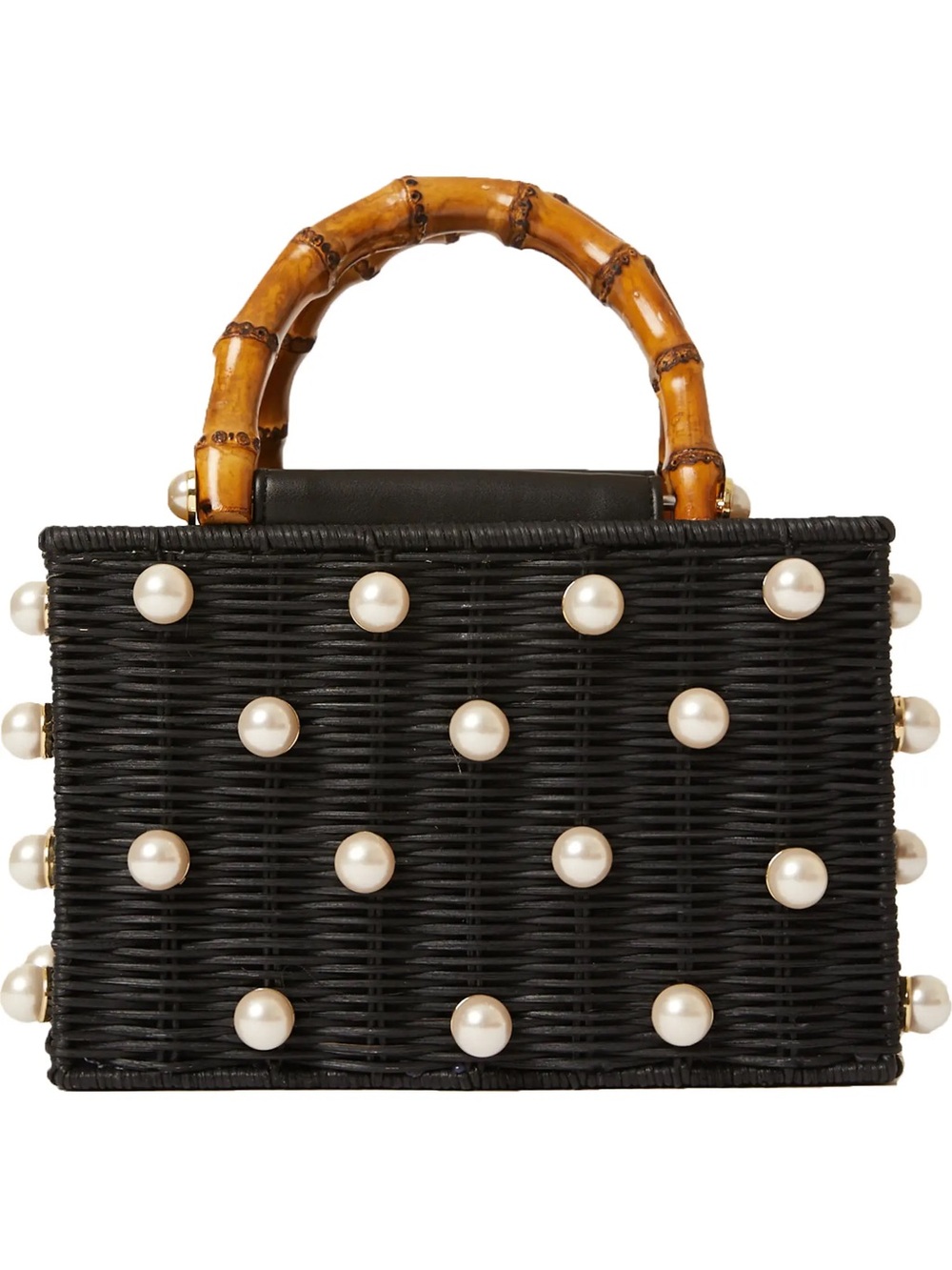 Chloe Black Wicker Top-Handle Bag with Pearl Studs and Bamboo Handle
